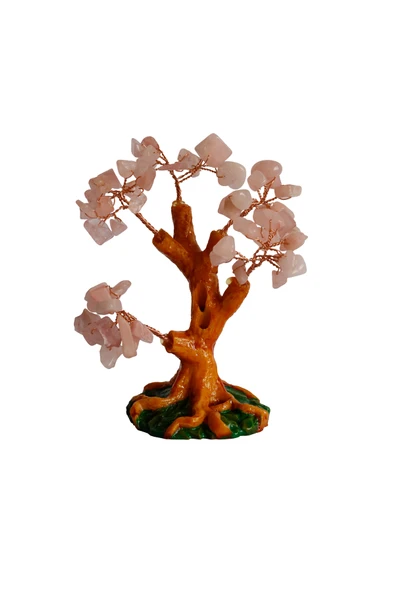 taru pasaj Pembe Kuvars Doğal Taşlı Hayat Ağacı Biblo - 16x14 cm El Yapımı Enerji Dekoru - Resim 4
