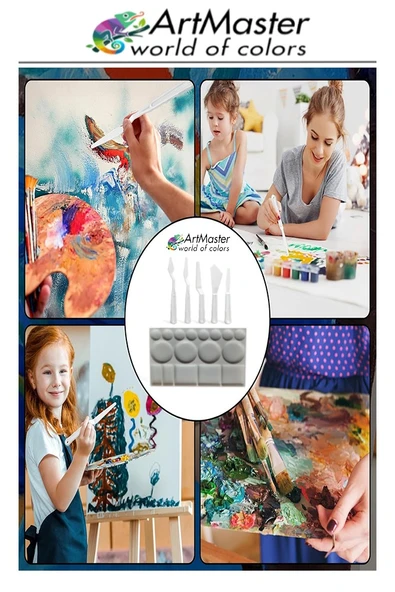 Plastik 17 Hazneli Resim Paleti Masaüstü 5 Li Plastik Spatula Ve Resim Fırçası 1 Paket Palet Bıçağı Seti Ressam Sanat - Resim 5