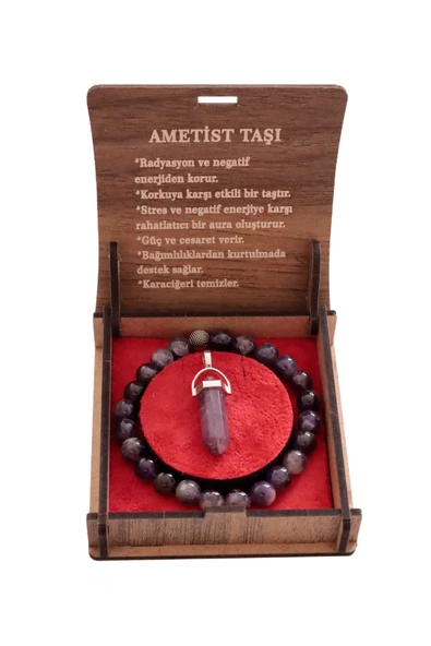 taru pasaj Güç ve Cesaret Veren Ametist Taşı Bileklik & Kolye  - Şık Hediye Kutusunda