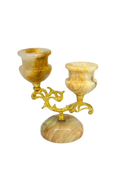 Oniks Doğal Taştan 2 li Şamdan - Dekoratif Prinçli Doğal Taş Şamdan ( damarlı akik ) ürün görseli