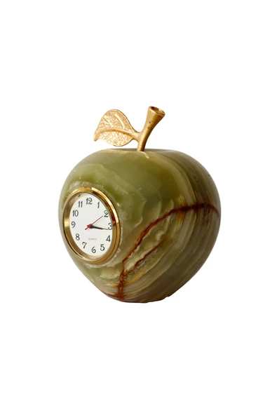 taru pasaj "Doğal Oniks Taş Elma Şeklinde Masa Saati - Dekoratif ve Şık Hediyelik" - Resim 2