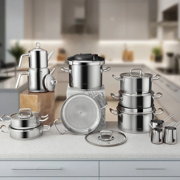 Aryıldız 22 Parça Paslanmaz Çelik Derin Tencere Seti – Cam Kapaklı, Ergonomik Saplı, Kolay Temizlik, 20-24 cm ürün görseli