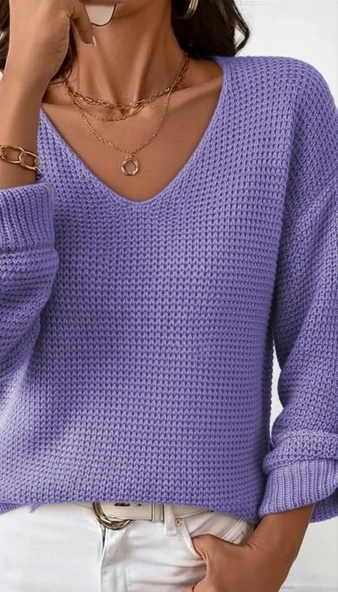 MDB Kadın Uzun Kollu V Yakalı Düğmeli Triko Bluz - Resim 3