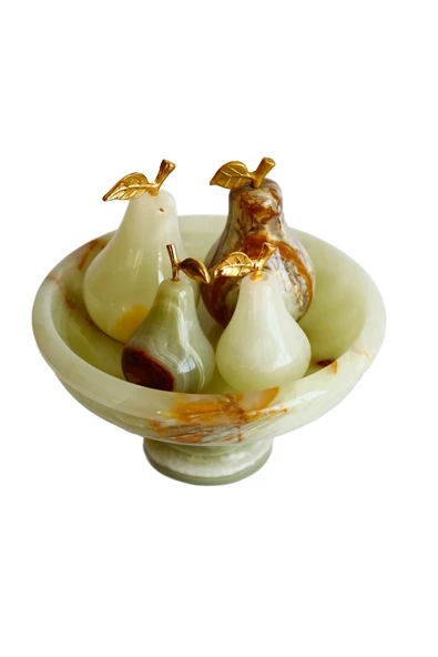 taru pasaj El Yapımı Doğal Oniks Taş Armut Seti ve 6 İnç Çanak - Dekoratif Ev Aksesuarı, Bereket Sembolü ürün görseli