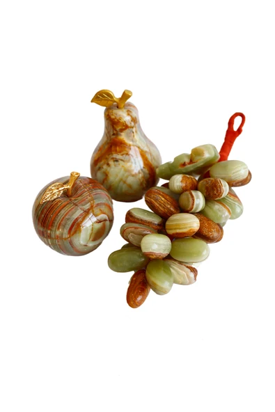 taru pasaj Doğal Oniks Taş Meyve Seti – 6 İnç Ayaklı Çanak, El Yapımı Armut-Elma-Üzüm Dekor - Resim 2