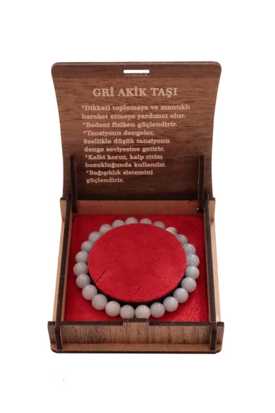 taru pasaj Gri Akik Taşı Bileklik – 8 mm Doğal Taş ve Şık Hediye Kutusu - 2