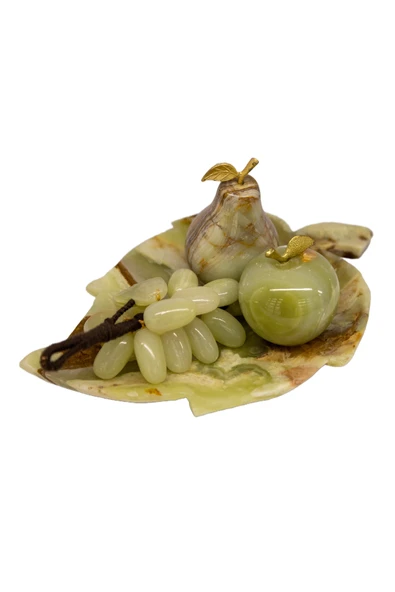 Oniks Doğal Taştan Elma, Armut, Üzüm Takimı ve Yaprak Tepsi - (damarlı akik taşı) ürün görseli