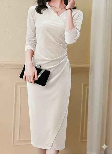 MDB Kadın Uzun Kollu Kruvaze Yakalı Yandan Büzgülü önden çapraz Detaylı Midi Kadife Elbise ürün görseli 1