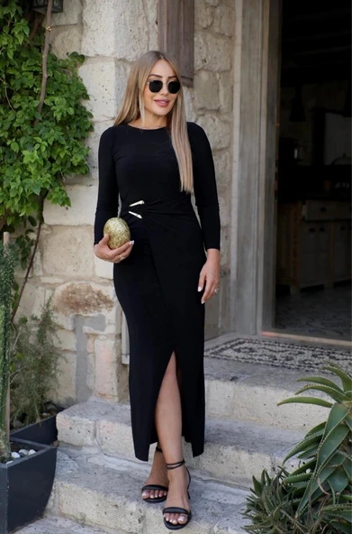 MDB Kadın Uzun Kollu önden çapraz Detaylı Yandan Toka Detaylı Uzun Sandy Elbise ürün görseli 1