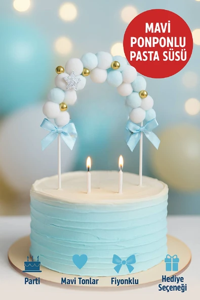 Mavi Ponponlu Pasta Süsü – Fiyonklu ve Yıldız Detaylı Cake Topper | Doğum Günü & Parti Süsü ürün görseli