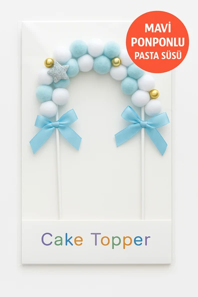Mavi Ponponlu Pasta Süsü – Fiyonklu ve Yıldız Detaylı Cake Topper | Doğum Günü & Parti Süsü - Resim 2