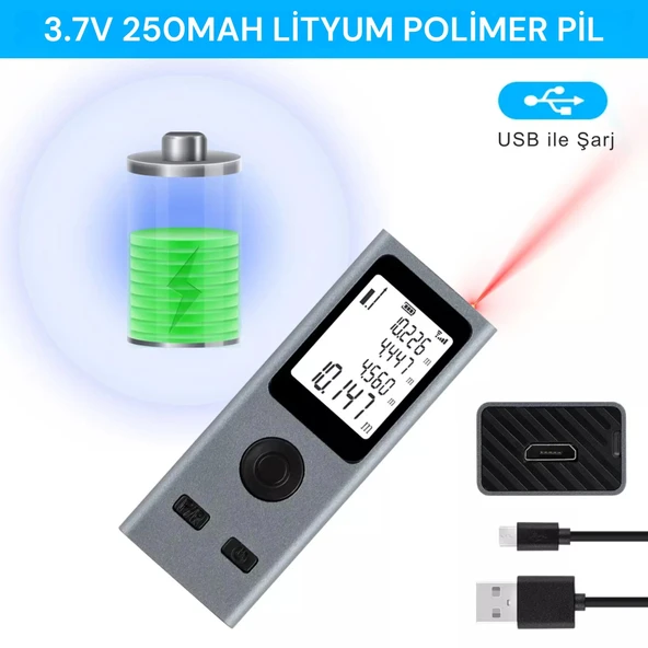 ShopyTech Mini USB Şarjlı Lazer Metre 50 m Dijital Mesafe Ölçer Alan/Hacim Hesabı Pisagor Sürekli Ölçüm - Resim 5
