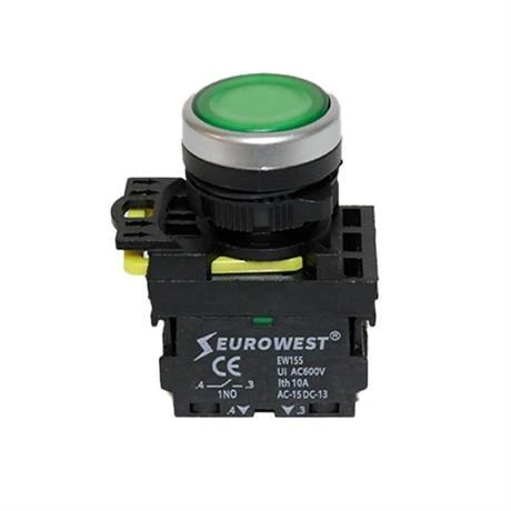 Eurowest Işıklı Buton Yeşil Led 220V 22MM 1NO ( 5 ADET ) ürün görseli 1