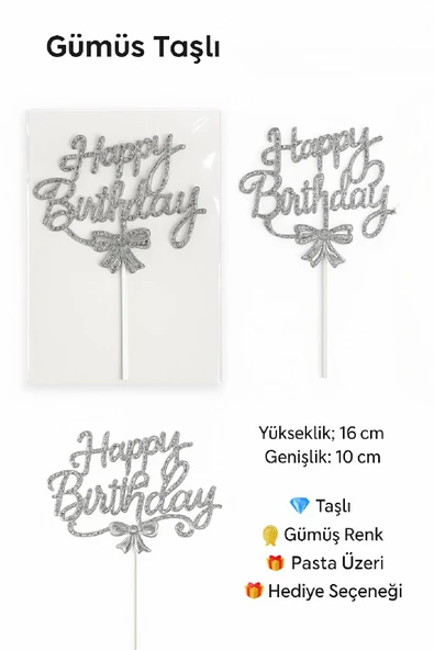 Gümüş Taşlı Happy Birthday Pasta Süsü – Parlak Metal Yazı, Işıltılı Doğum Günü Dekoru - Resim 4
