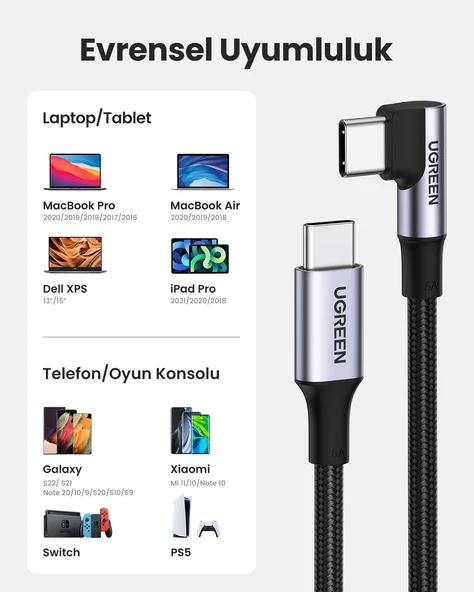 UGREEN USB-C 100W 5A QC PD 90 Derece Örgülü Hızlı Şarj Kablosu, 2 Metre, Siyah, 70645 - Resim 4