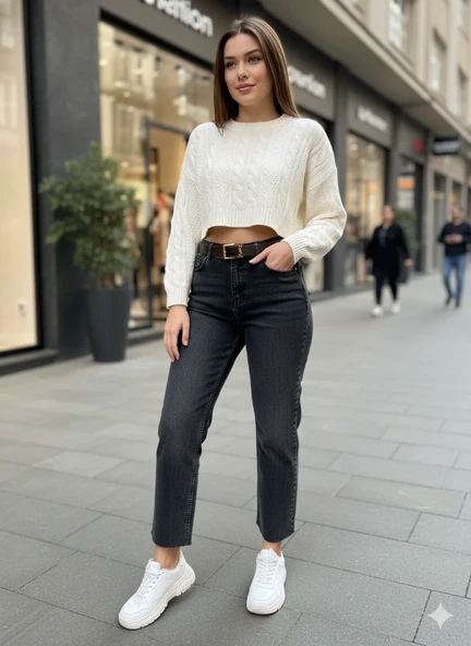 Kadın Yüksek Bel Mom Jean Kesik Paça Detaylı Gold Tokalı Kemerli Düz Kesim Denim ürün görseli