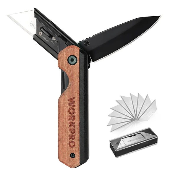 WORKPRO WP211015 2-IN-1 Ahşap Saplı Profesyonel Cep Çakısı & Katlanır Rötuş Maket Bıçağı + 11 Adet Yedek Bıçak - Resim 2