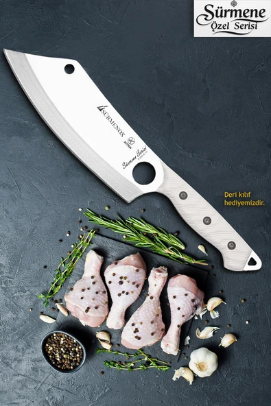Sürmene Serisi Action Mutfak Şef Bıçağı Bıçak Kamp Bıçağı Deri Kılıflı Beyaz Verzalit Sap HDS-152 ürün görseli 1