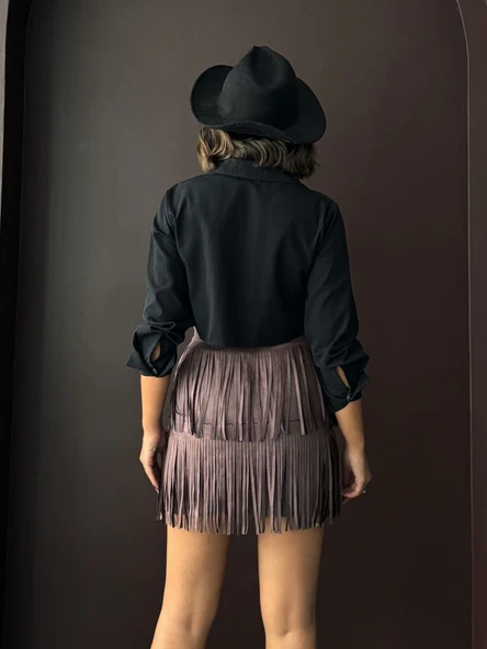 Kadın Siyah Püsküllü Mini Etek Katmanlı Saçaklı Süet/Scuba Kumaş Abiye Party Eteği - Resim 6