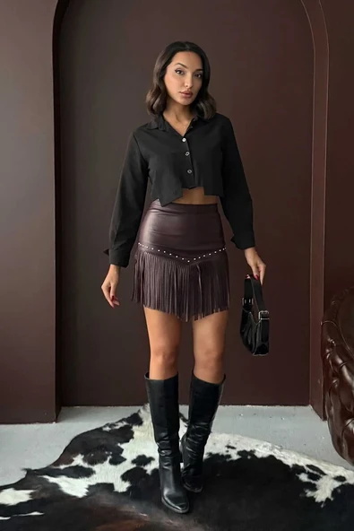 Kadın Püsküllü Mini Etek Zımbalı Deri Görünümlü Kısa Saçaklı Etek Siyah - Resim 3