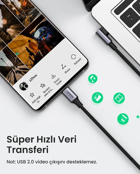 UGREEN USB-C 100W 5A QC PD 90 Derece Örgülü Hızlı Şarj Kablosu, 1 Metre, Siyah, 70643 - Resim 6