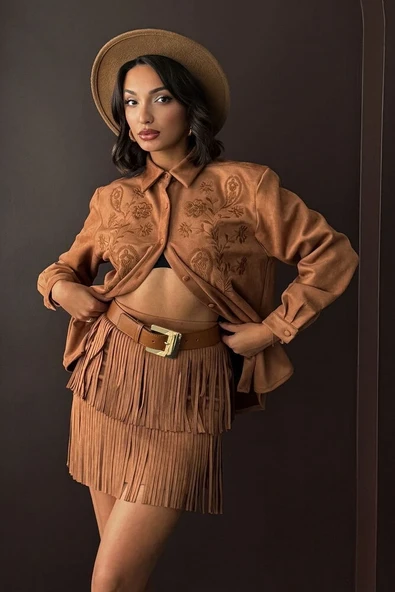 Kadın Siyah Püsküllü Mini Etek Katmanlı Saçaklı Süet/Scuba Kumaş Abiye Party Eteği - Resim 4