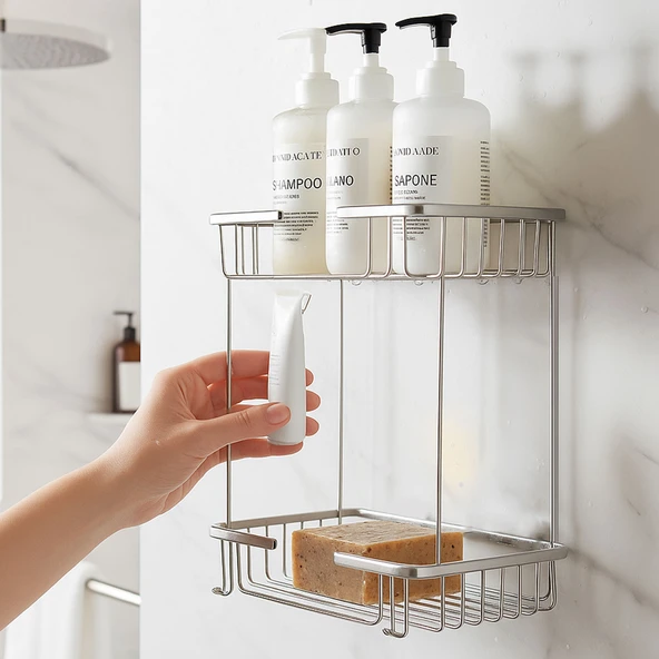 Kare İki Katlı Krom Banyo Şampuanlık Tasarım Çift Kat Duş Rafı Paslanmaz Metal Duvar Organizeri - Resim 3