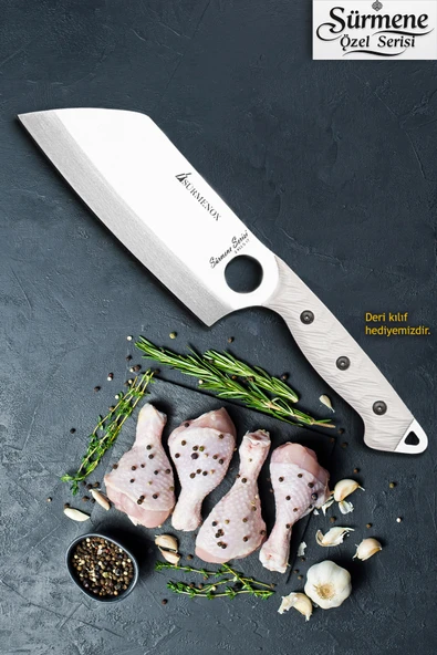 Sürmene Serisi K Şef Mutfak Şef Bıçağı Bıçak Kamp Bıçağı Deri Kılıflı Beyaz Verzalit Sap HDS-153 ürün görseli 1