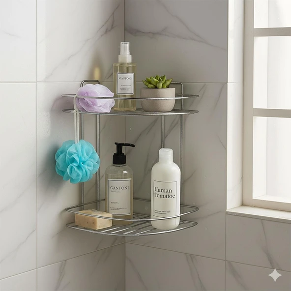 Banyo Duş Köşe Rafı İki Katlı Krom Paslanmaz Metal Şampuanlık Duvar Montajlı Düzenleyici Raf Seti ürün görseli