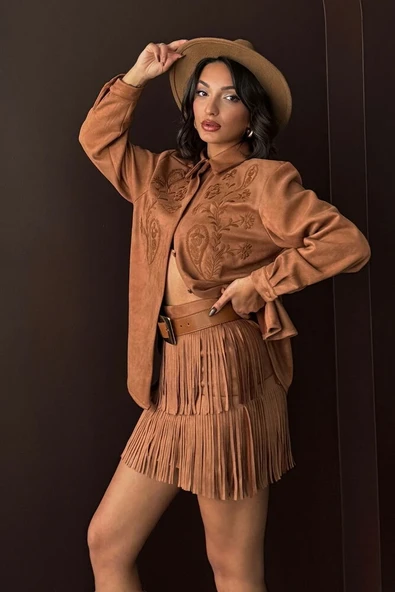 Kadın Siyah Püsküllü Mini Etek Katmanlı Saçaklı Süet/Scuba Kumaş Abiye Party Eteği - Resim 5