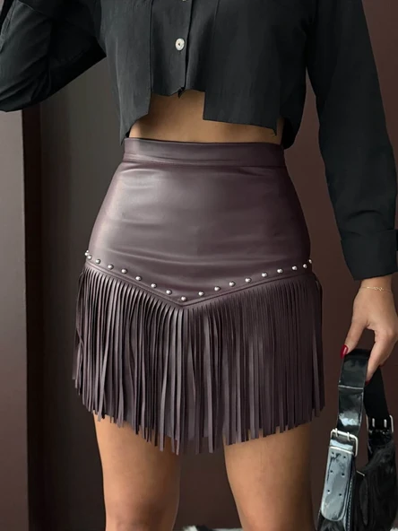 Kadın Püsküllü Mini Etek Zımbalı Deri Görünümlü Kısa Saçaklı Etek Siyah - Resim 4