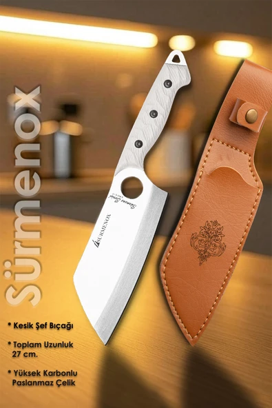 Sürmene Serisi K Şef Mutfak Şef Bıçağı Bıçak Kamp Bıçağı Deri Kılıflı Beyaz Verzalit Sap HDS-153 - Resim 2