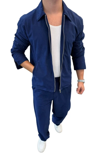 Slimfit Yakalı Astarlı Yan Cep Baggy Pantolonlu Kadife Takım - Resim 6