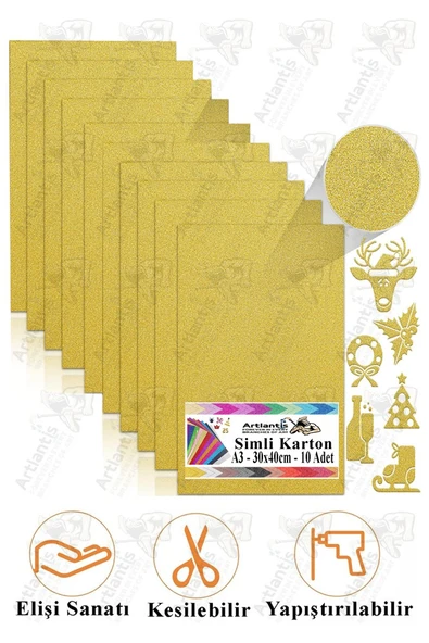 Altın Sarı Simli Karton A3 30x40 cm 10 lu 1 Paket Simli Fon Kartonu Parıltılı Kağıt Anasınıfı Kreş Etkinlik Proje ürün görseli