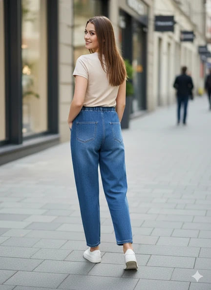 Kadın Beli Lastikli Kot Pantolon Bağcıklı Jogger Model Rahat Kesim Mavi Denim Jean - Resim 5