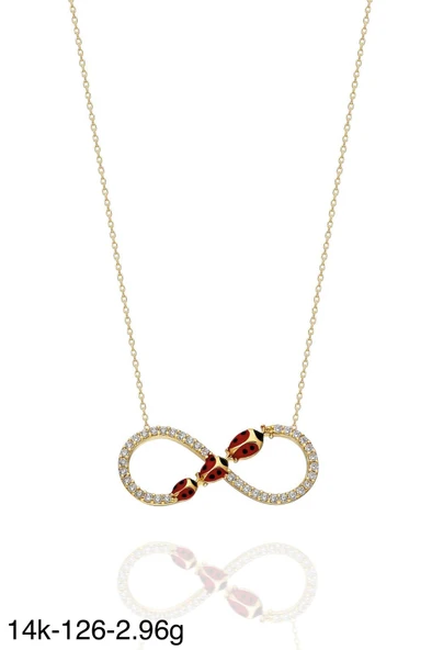 Üç Uğr Böceği Sonsuzluk İçinde Çok Güzel  14 Ayar Altın Kolye - Resim 2