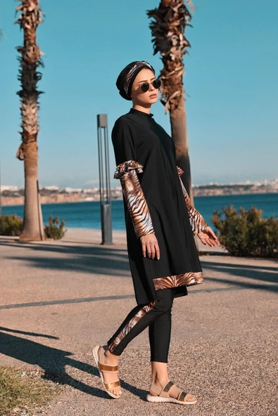 SW36.121 MOODBASİC SWIMWEAR LEOPARLI TESETTÜR MAYO - Resim 3