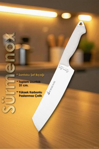 Sürmene Serisi Santoku Mutfak Şef Bıçak Et Ekmek Sebze Salata Şef Bıçağı Beyaz Verzalit Sap HDS-158 - Resim 2