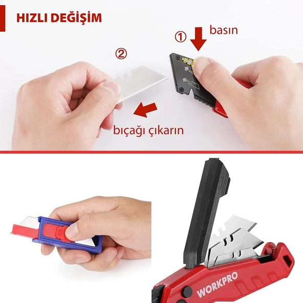 WORKPRO WP211026 Katlanır Çok Amaçlı Profesyonel Rötuş Maket Bıçağı + 14 Adet Yedek Bıçak - Resim 7