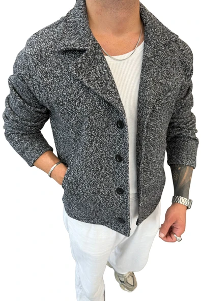 Slimfit Yakalı Düğme Kapamalı Astarsız Yan Cep Kaşe Ceket - Resim 2