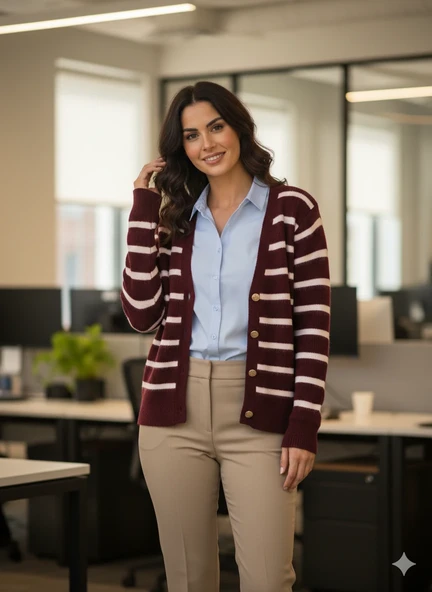 Kadın Bordo Çizgili Triko Hırka V Yaka Gold Düğmeli Örgü Hırka Ofis Şıklığı - Resim 4