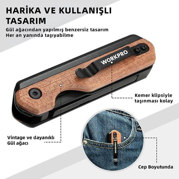 WORKPRO WP211015 2-IN-1 Ahşap Saplı Profesyonel Cep Çakısı & Katlanır Rötuş Maket Bıçağı + 11 Adet Yedek Bıçak - Resim 8
