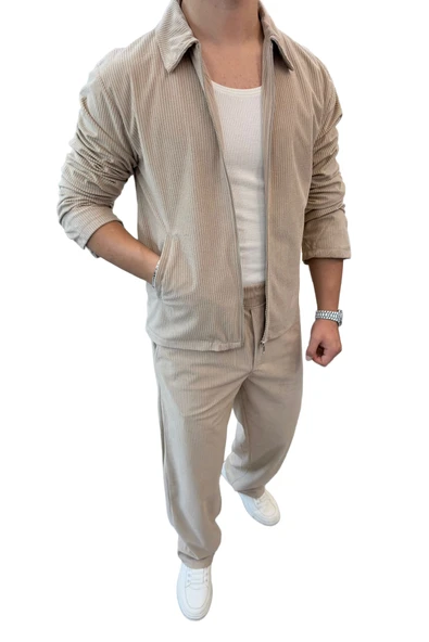 Slimfit Yakalı Astarlı Yan Cep Baggy Pantolonlu Kadife Takım ürün görseli
