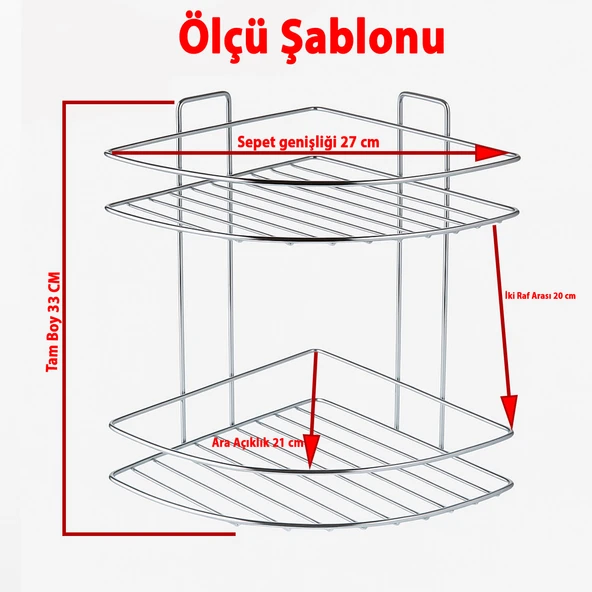Banyo Duş Köşe Rafı İki Katlı Krom Paslanmaz Metal Şampuanlık Duvar Montajlı Düzenleyici Raf Seti - Resim 4