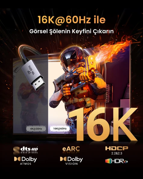 UGREEN Displayport 16K 60Hz Male to Male Örgülü Kablo 1m, 55567 - Resim 3