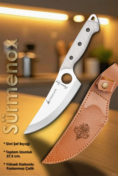 Sürmene Serisi Sivri Mutfak Şef Bıçağı Bıçak Kamp Bıçağı Deri Kılıflı Beyaz Verzalit Sap HDS-154 - Resim 2