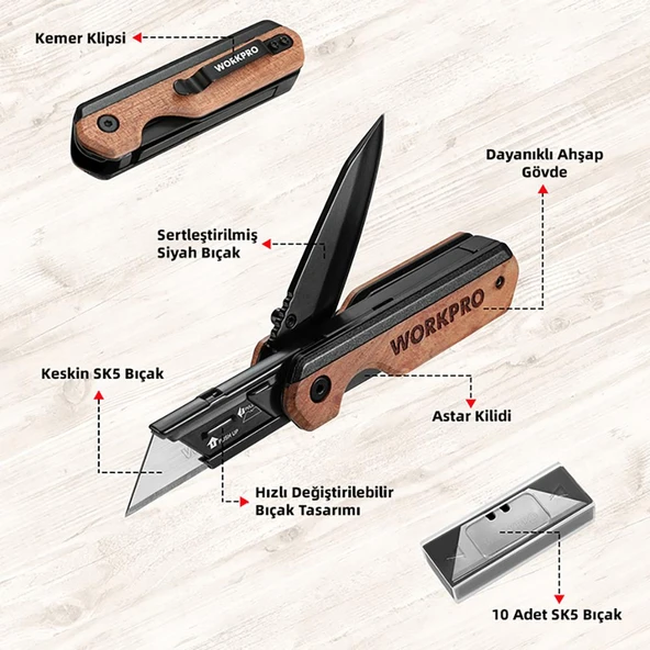 WORKPRO WP211015 2-IN-1 Ahşap Saplı Profesyonel Cep Çakısı & Katlanır Rötuş Maket Bıçağı + 11 Adet Yedek Bıçak - Resim 10