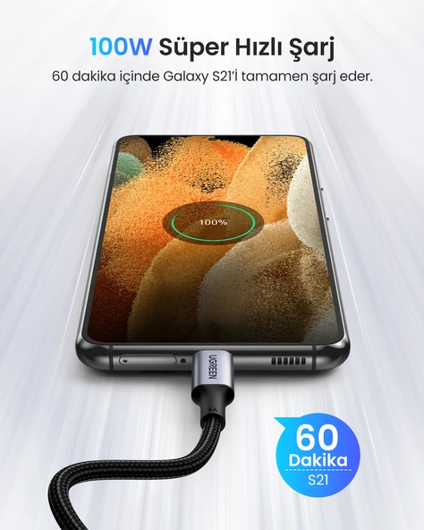 UGREEN USB-C 100W 5A QC PD 90 Derece Örgülü Hızlı Şarj Kablosu, 2 Metre, Siyah, 70645 - Resim 2