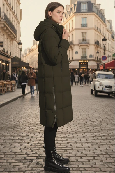 Kadın Uzun Kışlık İçi Elyaflı Astarlı Yan Fermuar Detaylı Şişme Mont - Resim 3