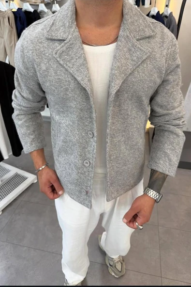 Slimfit Yakalı Düğme Kapamalı Astarsız Yan Cep Kaşe Ceket - Resim 4